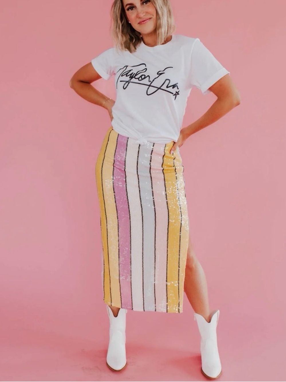 Blue B. Boutique Sequin Vertical Stripe Midi Skirt